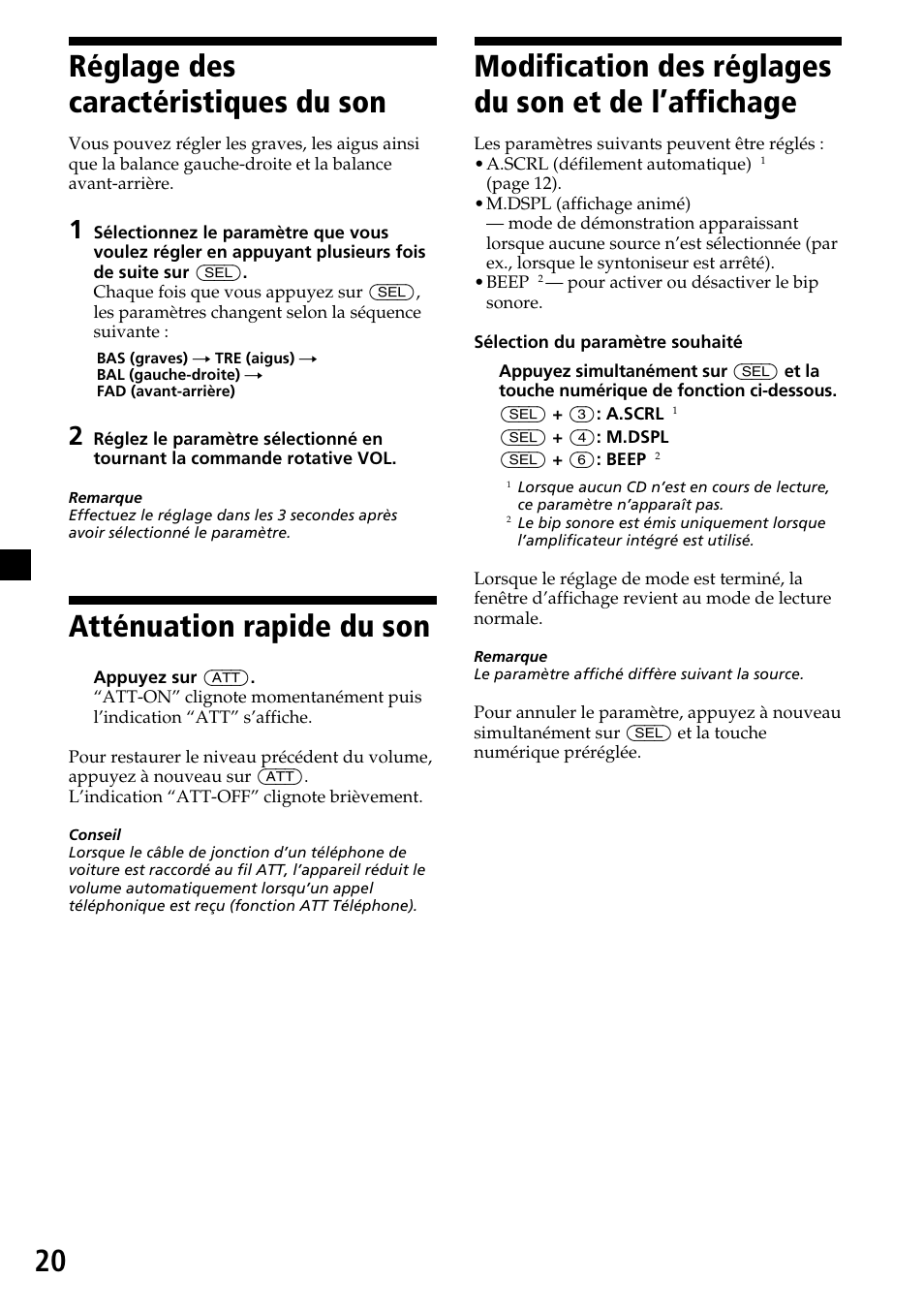 20 réglage des caractéristiques du son, Atténuation rapide du son, Modification des réglages du son et de l’affichage | Sony CDX-MP30 User Manual | Page 46 / 80