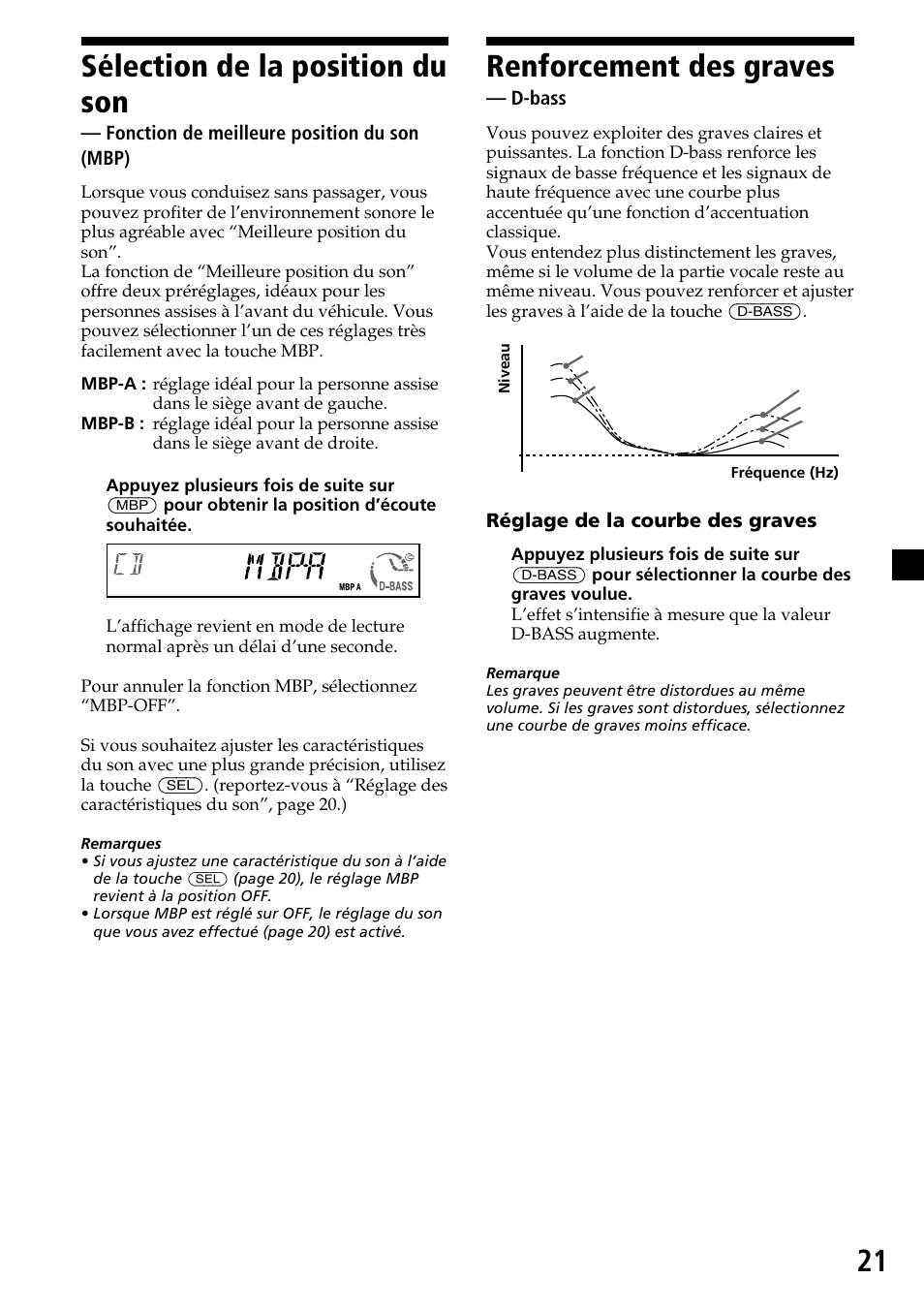 Sélection de la position du son, Renforcement des graves, Fonction de meilleure position du son (mbp) | D-bass, Réglage de la courbe des graves | Sony CDX-MP30 User Manual | Page 47 / 80
