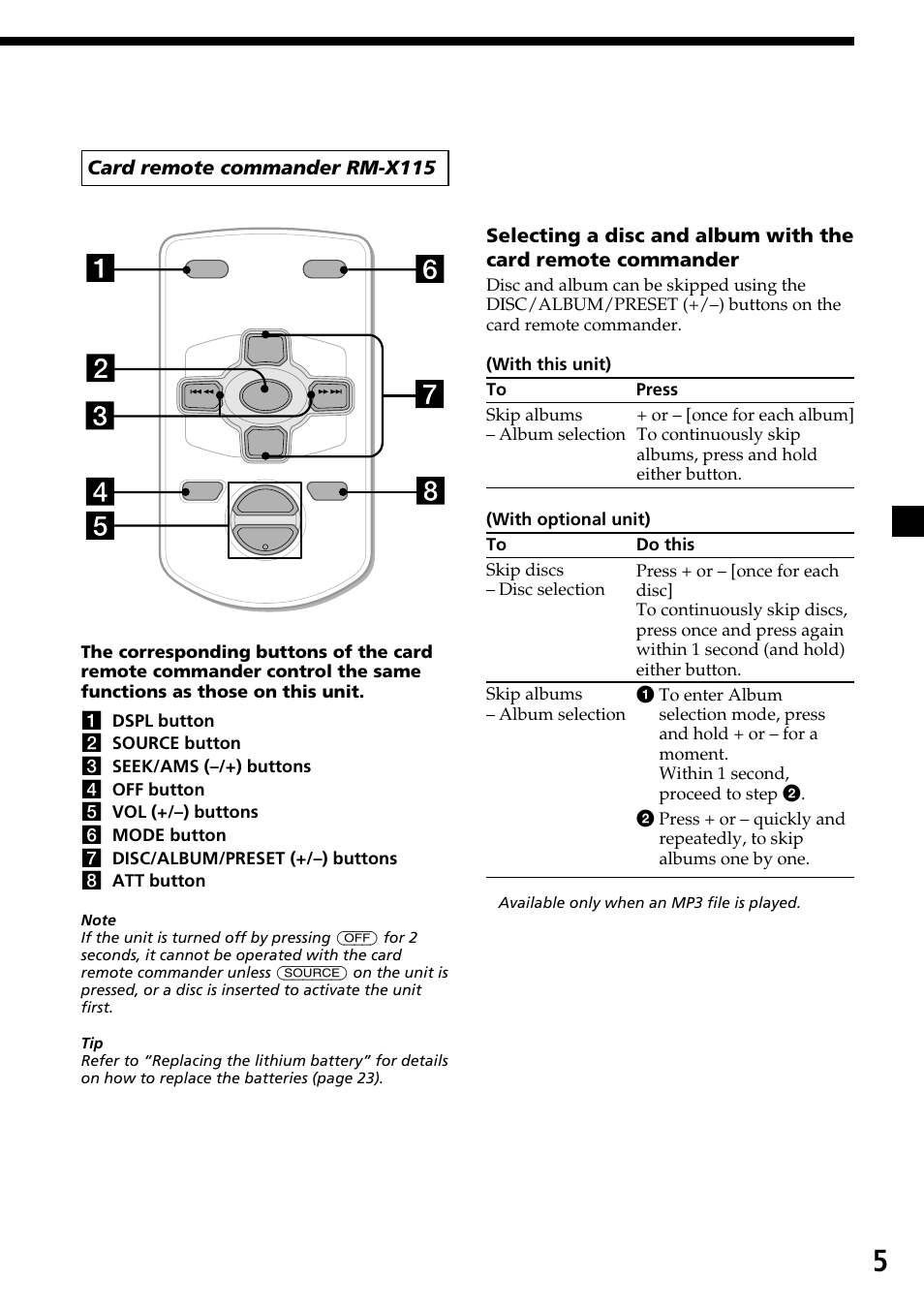 Card remote commander rm-x115 | Sony CDX-MP30 User Manual | Page 5 / 80