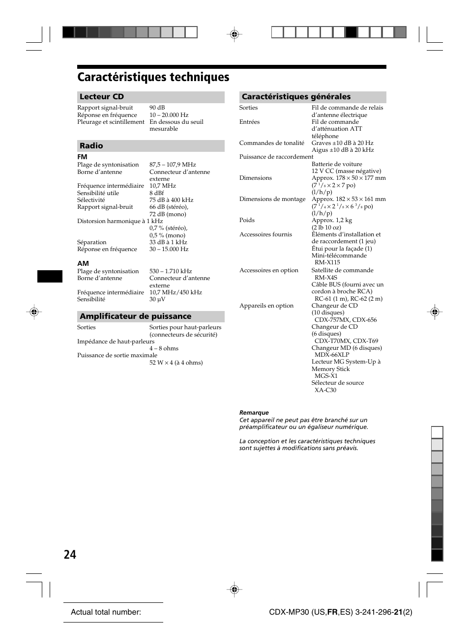 Caractéristiques techniques, Lecteur cd, Radio | Amplificateur de puissance, Caractéristiques générales | Sony CDX-MP30 User Manual | Page 50 / 80