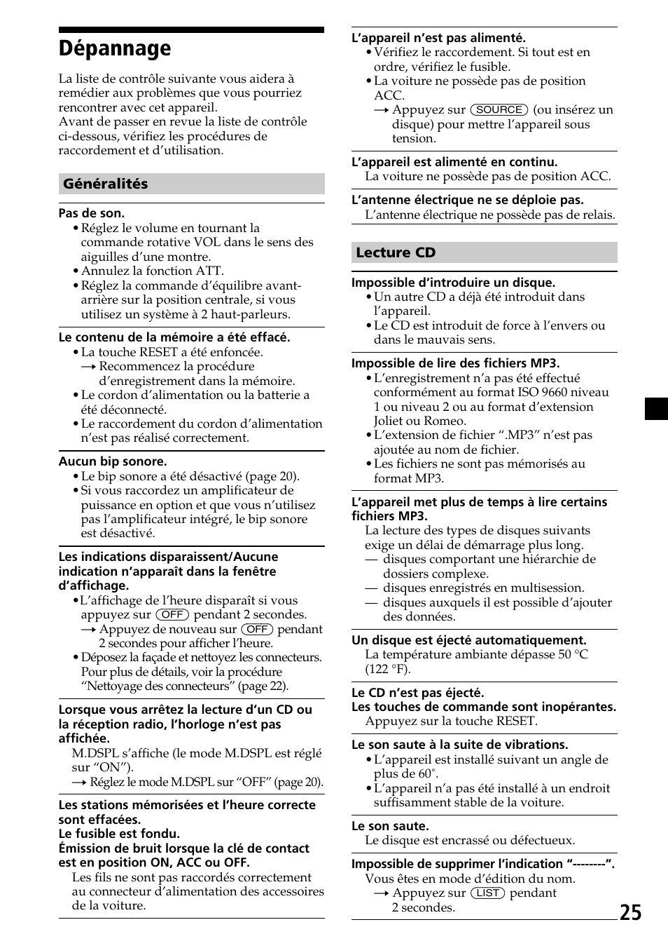 25 dépannage | Sony CDX-MP30 User Manual | Page 51 / 80