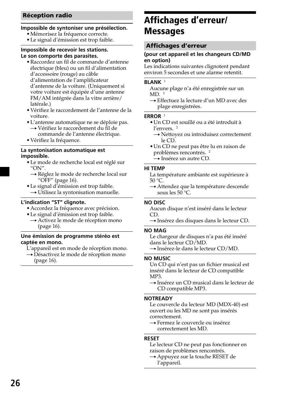 26 affichages d’erreur/ messages | Sony CDX-MP30 User Manual | Page 52 / 80