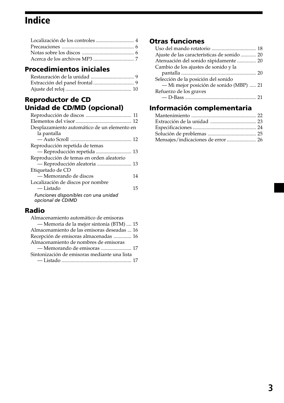 3indice, Procedimientos iniciales, Reproductor de cd unidad de cd/md (opcional) | Radio, Otras funciones, Información complementaria | Sony CDX-MP30 User Manual | Page 55 / 80