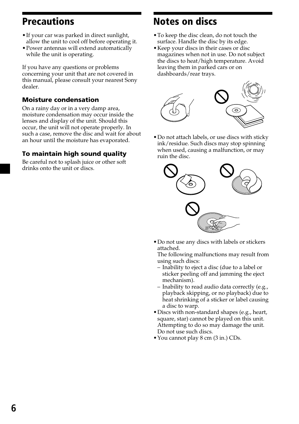 Precautions, Notes on discs, 6precautions | Sony CDX-MP30 User Manual | Page 6 / 80