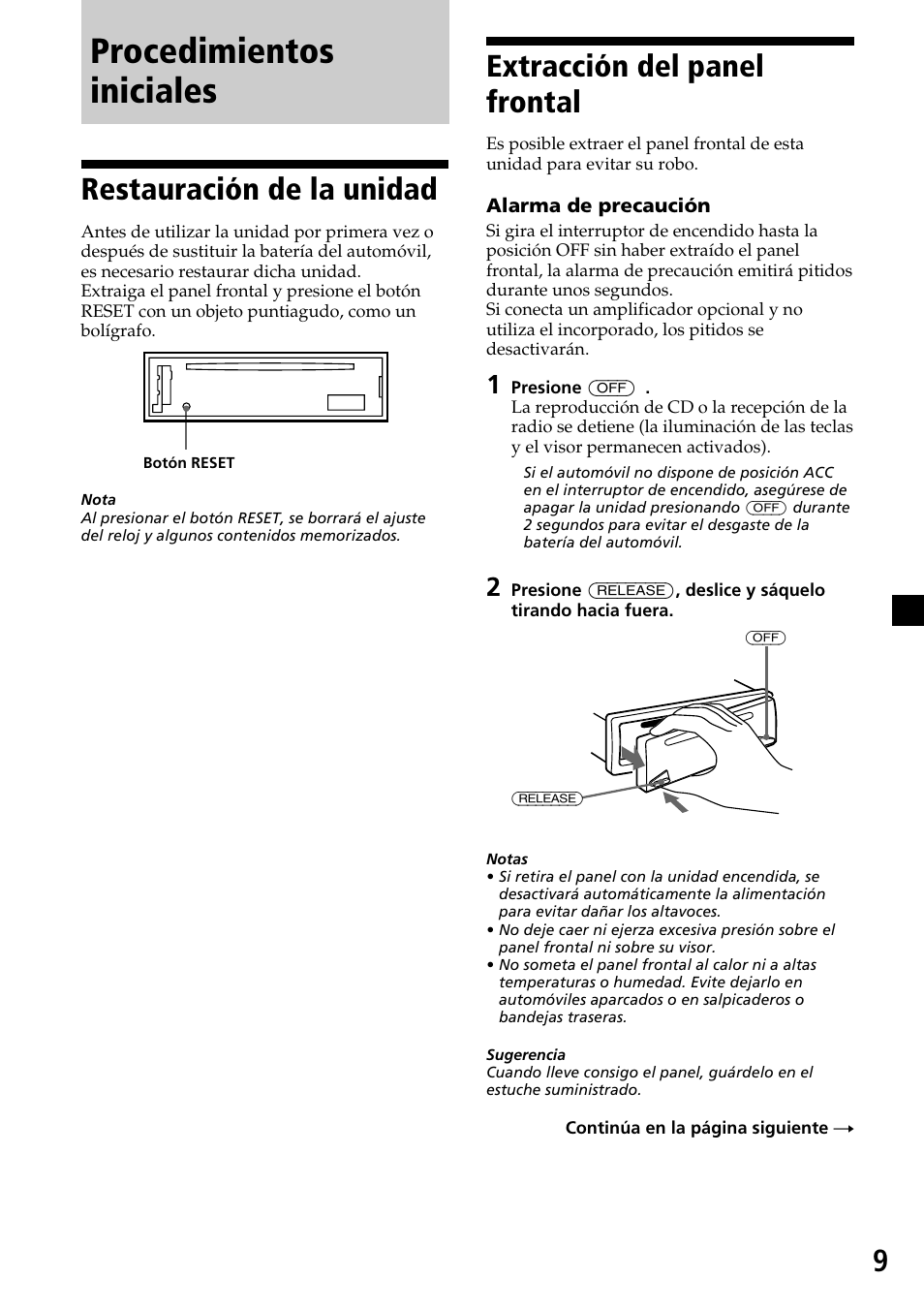 Procedimientos iniciales, Restauración de la unidad, Extracción del panel frontal | Sony CDX-MP30 User Manual | Page 61 / 80