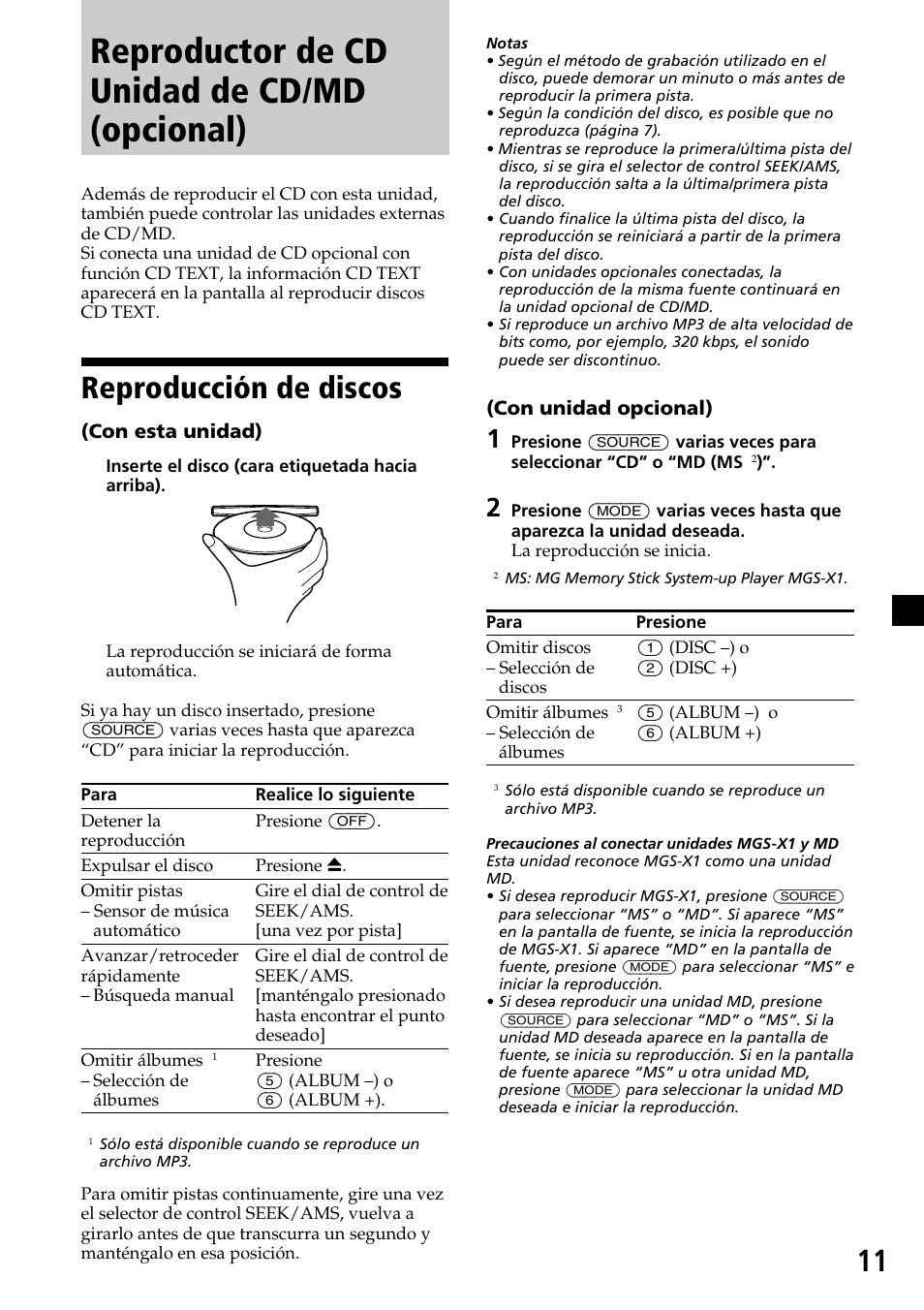 Reproductor de cd unidad de cd/md (opcional), Reproducción de discos | Sony CDX-MP30 User Manual | Page 63 / 80