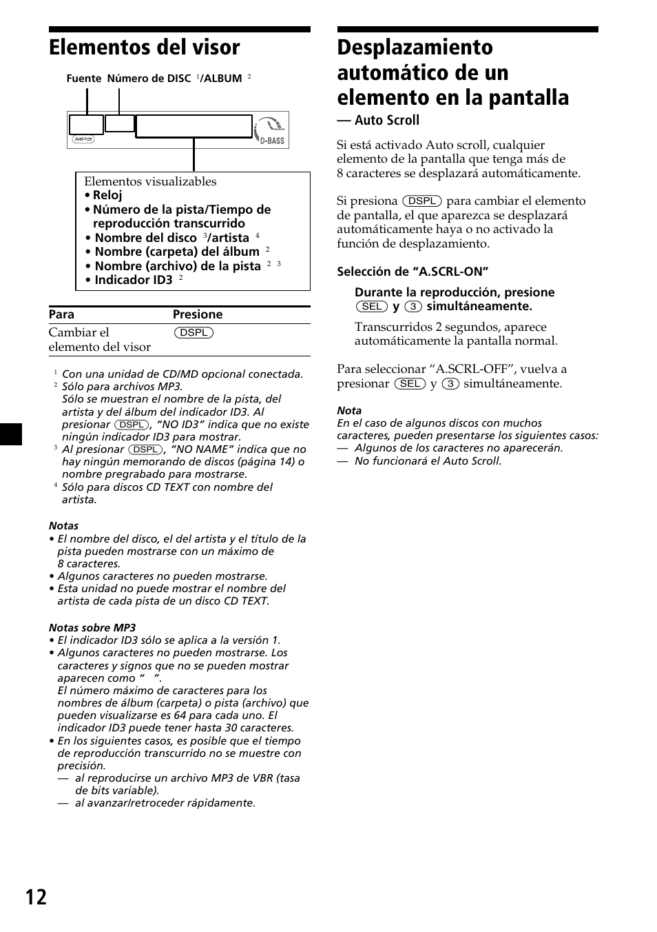 Elementos del visor, Auto scroll | Sony CDX-MP30 User Manual | Page 64 / 80