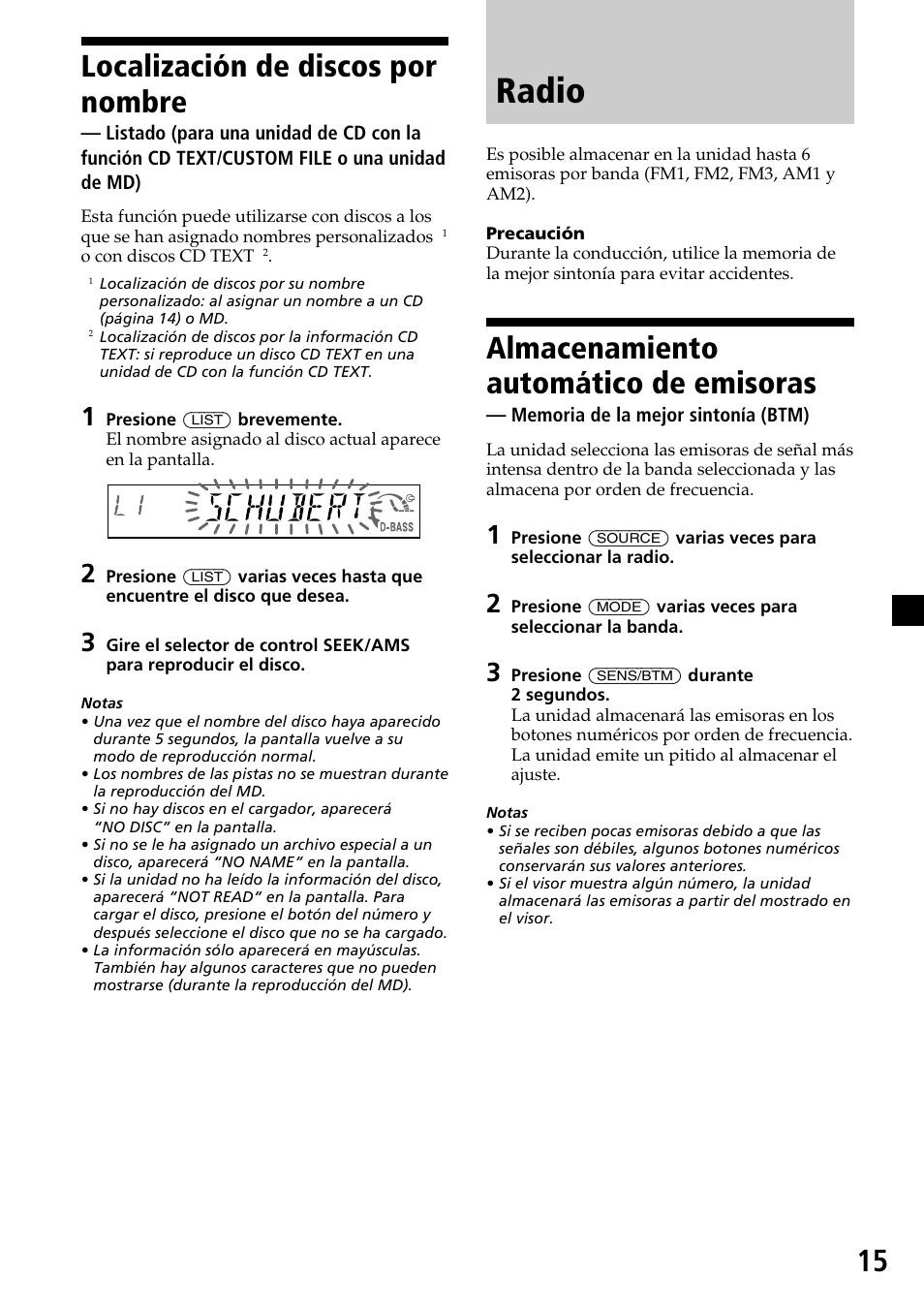 Radio, Almacenamiento automático de emisoras, Localización de discos por nombre | Sony CDX-MP30 User Manual | Page 67 / 80