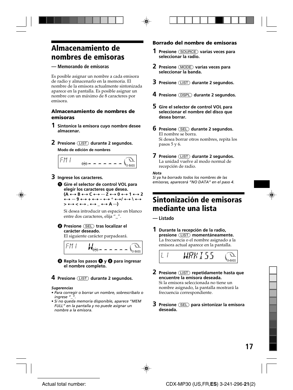 Almacenamiento de nombres de emisoras, Sintonización de emisoras mediante una lista | Sony CDX-MP30 User Manual | Page 69 / 80