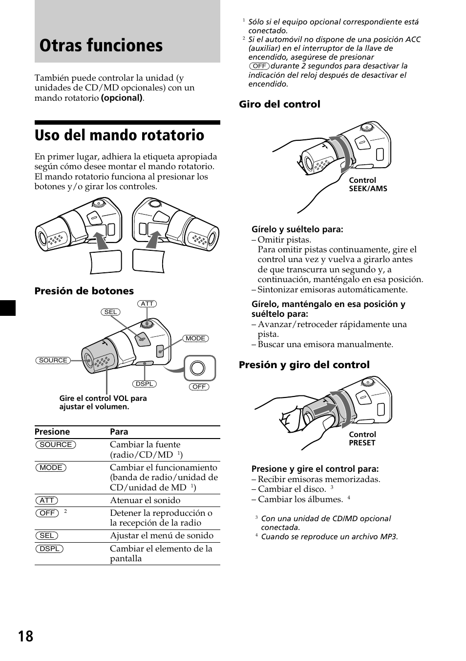 Otras funciones, Uso del mando rotatorio, Presión de botones | Giro del control, Presión y giro del control | Sony CDX-MP30 User Manual | Page 70 / 80