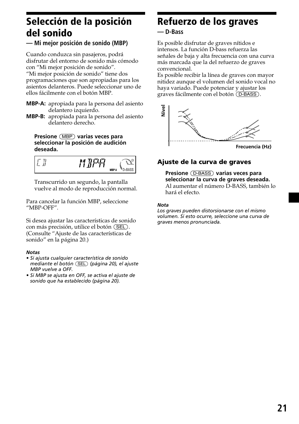 21 refuerzo de los graves, Selección de la posición del sonido, D-bass | Ajuste de la curva de graves, Mi mejor posición de sonido (mbp) | Sony CDX-MP30 User Manual | Page 73 / 80