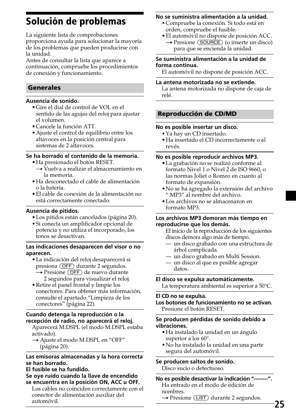 25 solución de problemas | Sony CDX-MP30 User Manual | Page 77 / 80