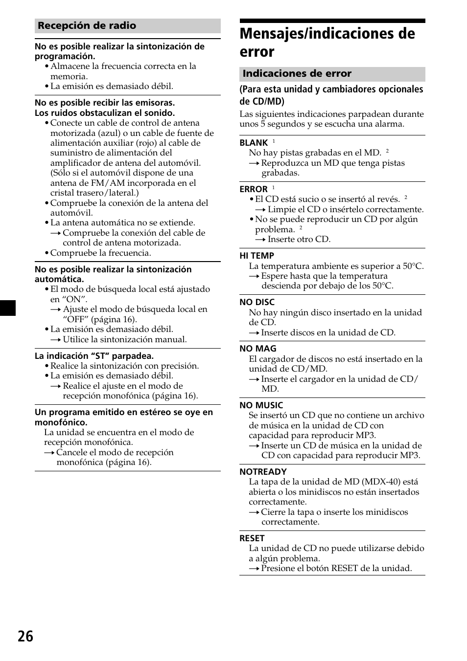 Mensajes/indicaciones de error | Sony CDX-MP30 User Manual | Page 78 / 80