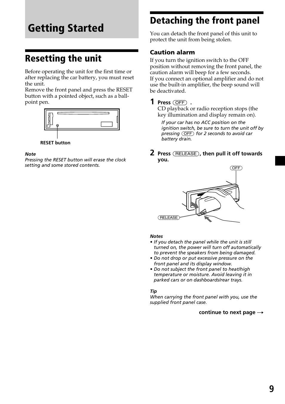 Resetting the unit, Detaching the front panel, Getting started | Sony CDX-MP30 User Manual | Page 9 / 80