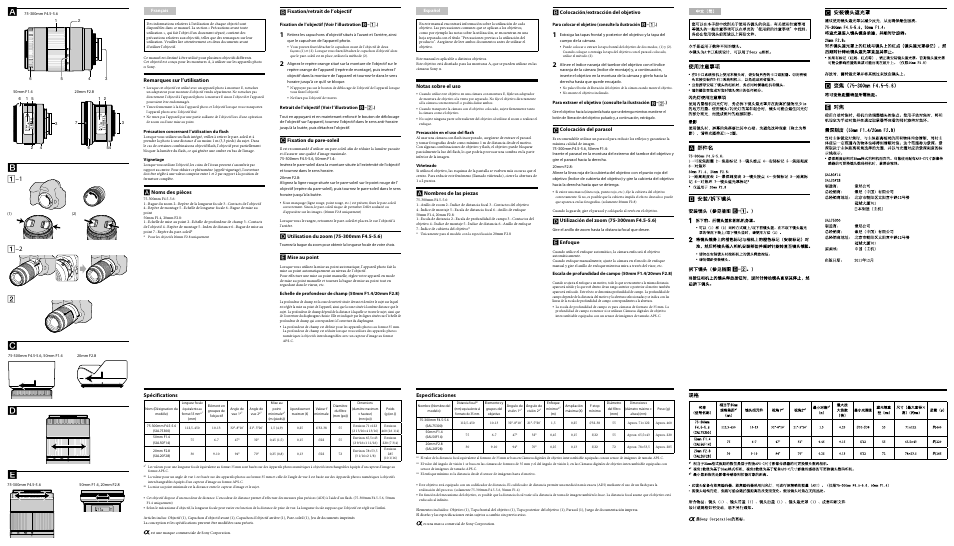 Remarques sur l’utilisation, Noms des pièces, Fixation/retrait de l’objectif | Fixation du pare-soleil, Mise au point, Notas sobre el uso, Nombres de las piezas, Colocación/extracción del objetivo, Colocación del parasol, Enfoque | Sony SAL75300 User Manual | Page 2 / 2