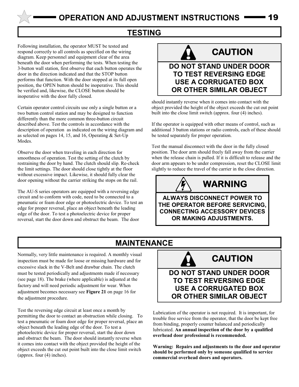 Warning, Caution, Testing | Maintenance, Operation and adjustment instructions 19 | Audi AUD-S User Manual | Page 19 / 24