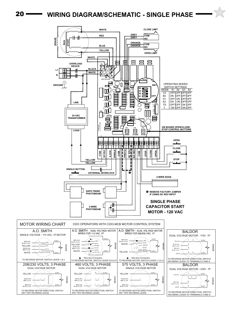 Wiring diagram/schematic - single phase 20, Single phase capacitor start motor - 120 vac, Motor wiring chart | 575 volts, 3 phase, A.o. smith, Baldor, Cdo operators with cdo-mcb motor control system, Single voltage motor, Single voltage - 115 vac, 1p motor, Dual voltage motor | Audi AUD-S User Manual | Page 20 / 24