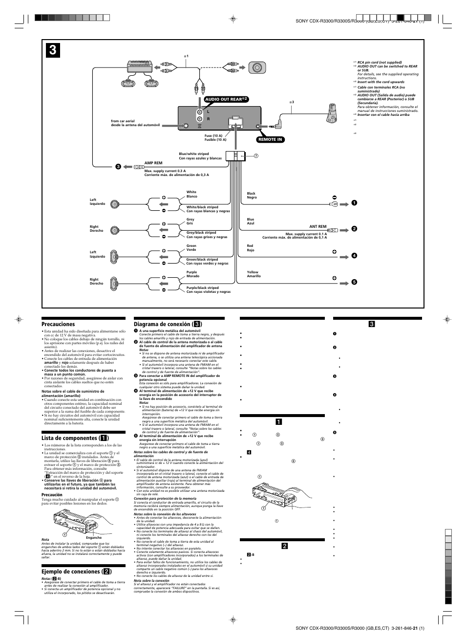 零件一覽表（1, 線路連接圖例（2, 線路連接圖（3 | Precauciones, Lista de componentes ( 1 ), Ejemplo de conexiones ( 2 ), Diagrama de conexión ( 3 ) | Sony CDX-R3000 User Manual | Page 2 / 4