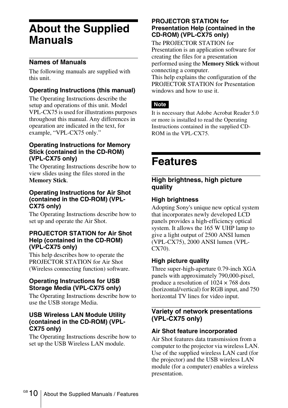 About the supplied manuals, Features | Sony VPL-CX70 User Manual | Page 10 / 180
