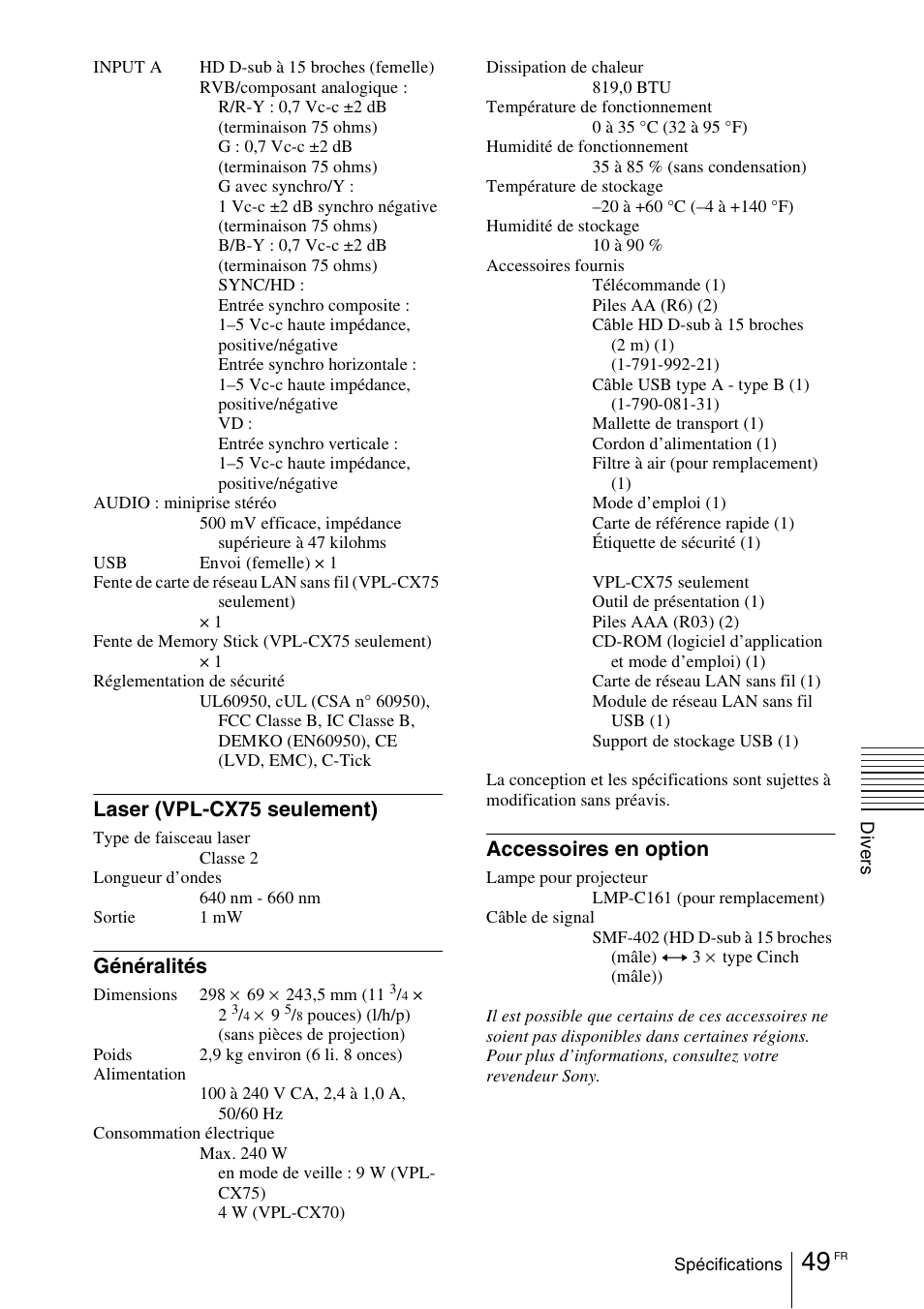 Laser (vpl-cx75 seulement), Généralités, Accessoires en option | Sony VPL-CX70 User Manual | Page 107 / 180