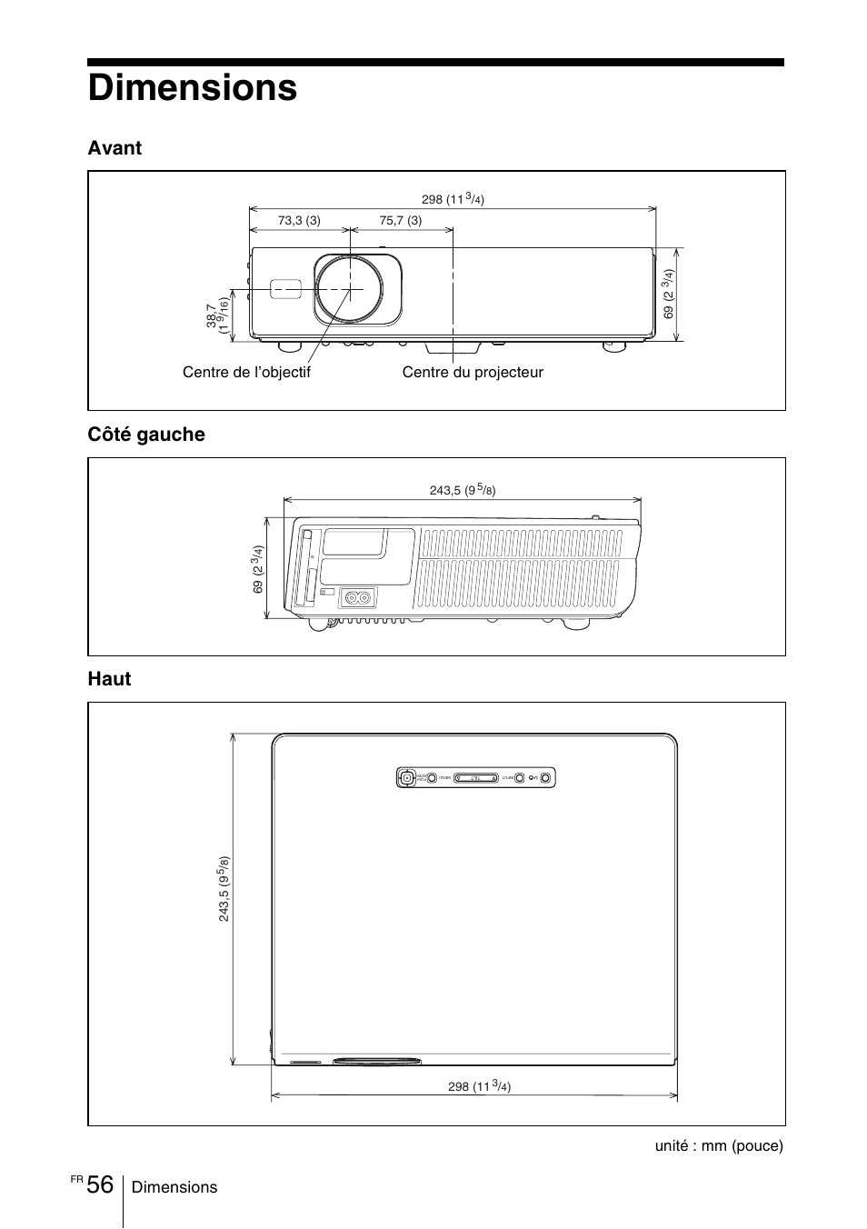 Dimensions, Avant côté gauche haut | Sony VPL-CX70 User Manual | Page 114 / 180