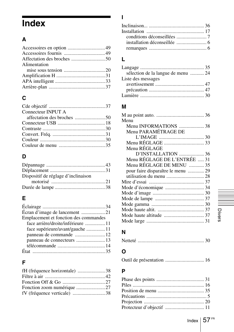 Index | Sony VPL-CX70 User Manual | Page 115 / 180
