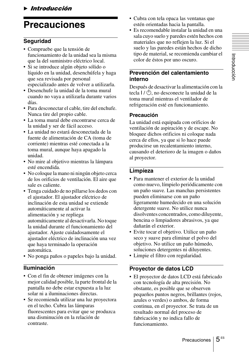Introducción, Precauciones | Sony VPL-CX70 User Manual | Page 121 / 180