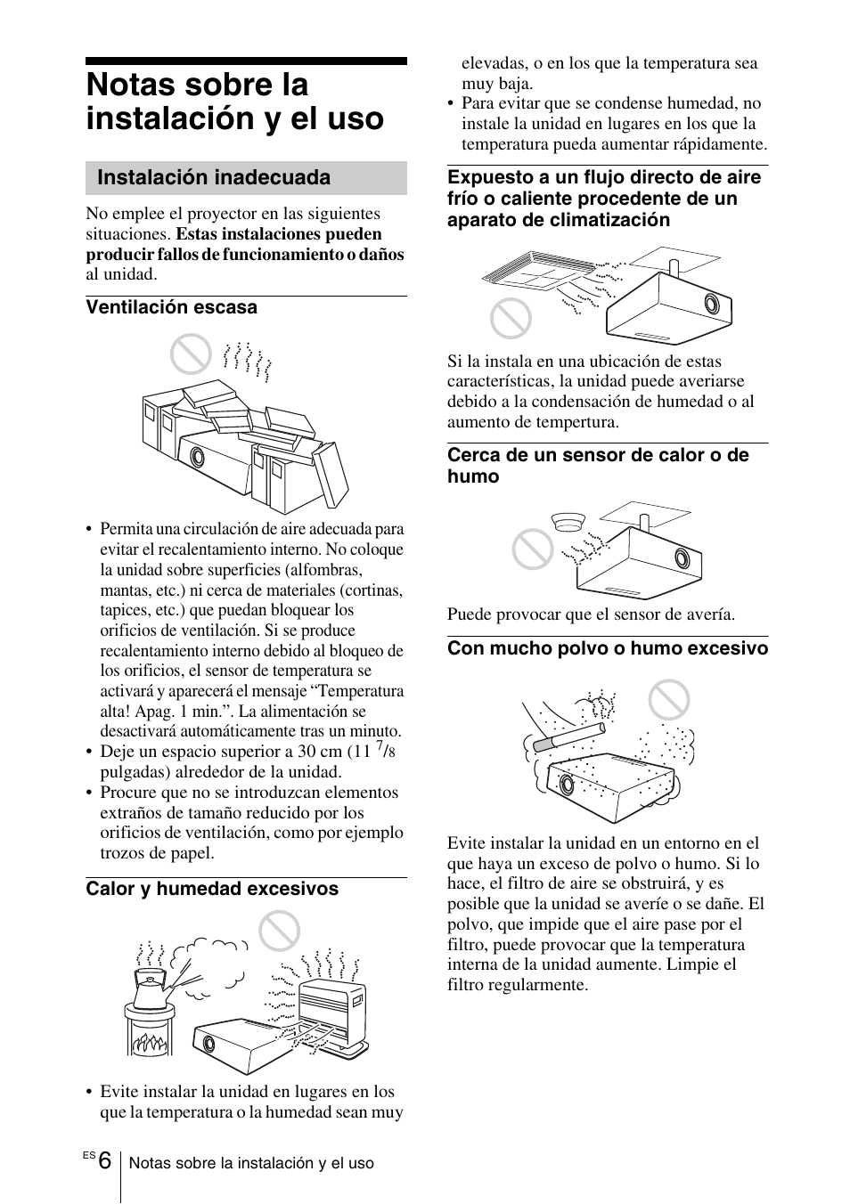 Notas sobre la instalación y el uso | Sony VPL-CX70 User Manual | Page 122 / 180