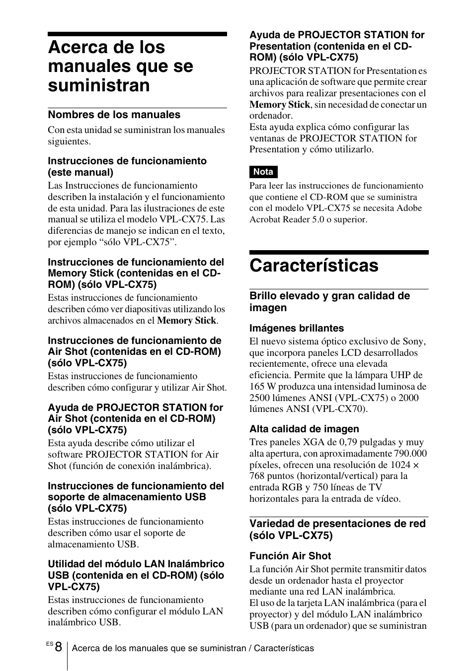 Acerca de los manuales que se suministran, Características | Sony VPL-CX70 User Manual | Page 124 / 180