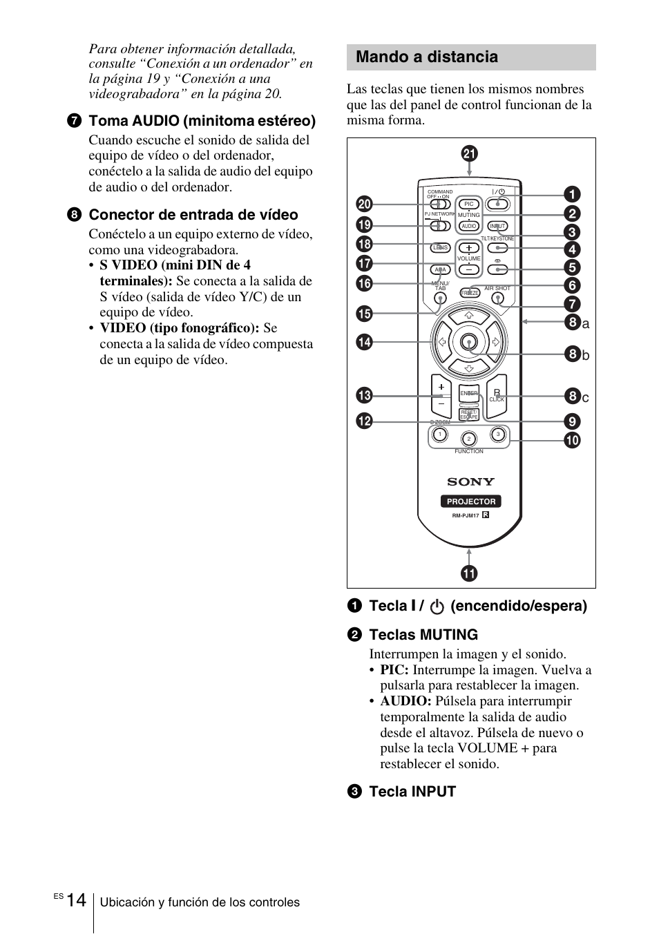 Mando a distancia, 9 q; wa w; ql qk qj qh qg qf qd qs qa 6 7 5, 7toma audio (minitoma estéreo) | 8conector de entrada de vídeo, 1tecla, Encendido/espera) 2 teclas muting, 3tecla input | Sony VPL-CX70 User Manual | Page 130 / 180