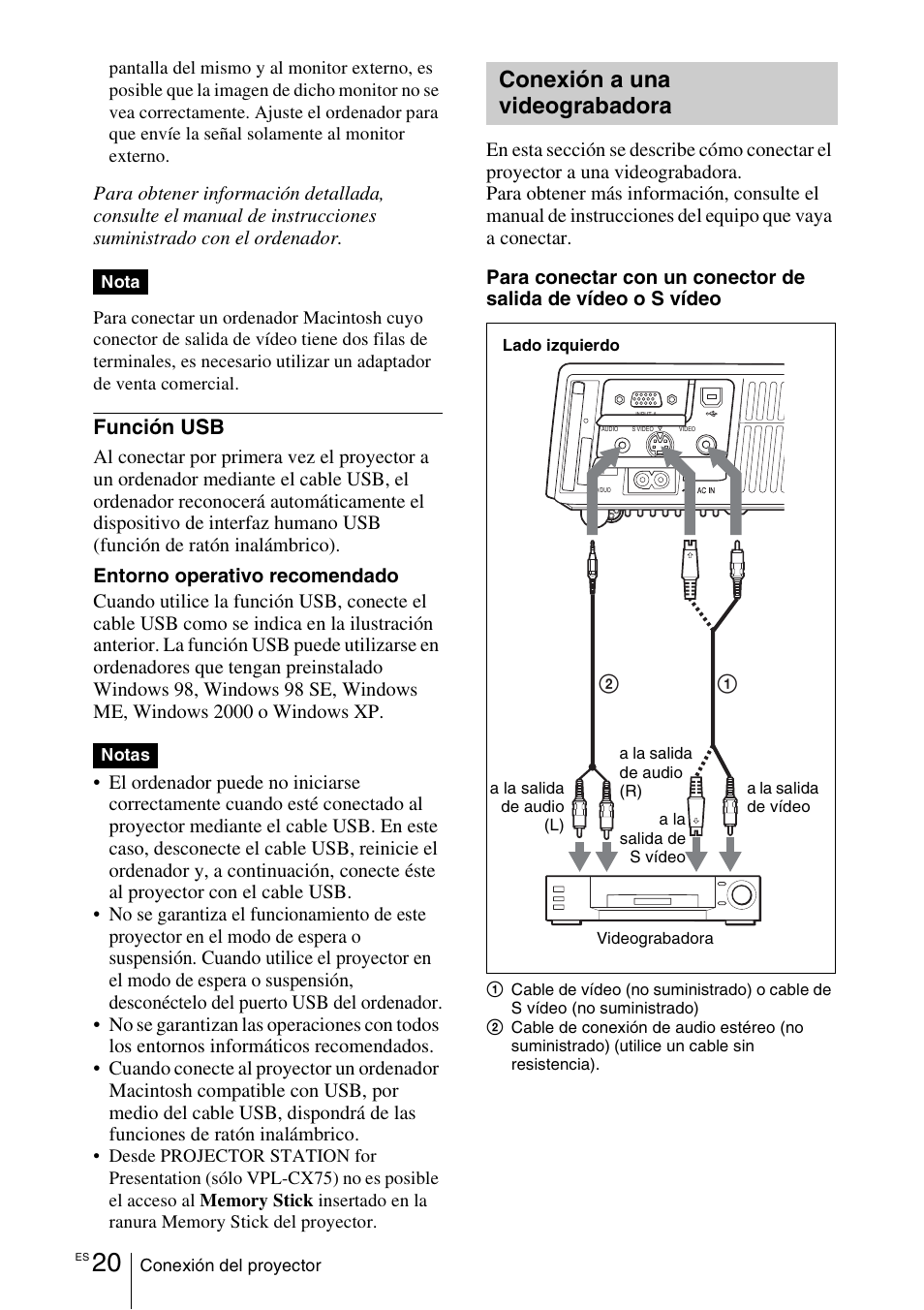 Conexión a una videograbadora, Conexión a una, Videograbadora | Función usb | Sony VPL-CX70 User Manual | Page 136 / 180