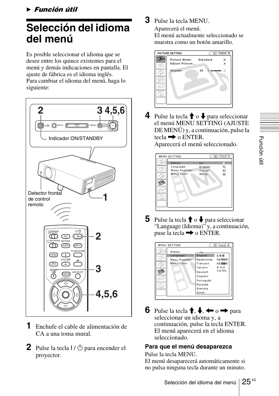 Función útil, Selección del idioma del menú, Pulse la tecla i | Para encender el proyector, Pulse la tecla menu | Sony VPL-CX70 User Manual | Page 141 / 180