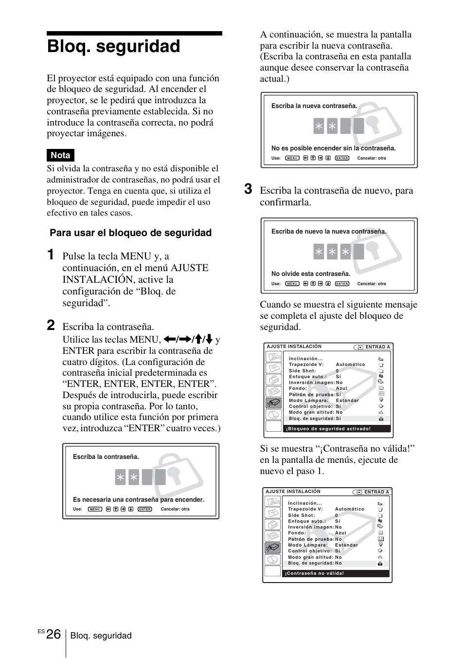 Bloq. seguridad, Bloq. de seguridad, Escriba la contraseña | Escriba la contraseña de nuevo, para confirmarla, Para usar el bloqueo de seguridad | Sony VPL-CX70 User Manual | Page 142 / 180