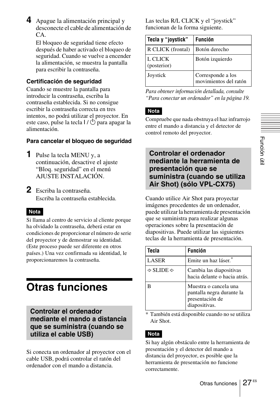 Otras funciones, Controlar el ordenador mediante el, Controlar el ordenador mediante la | Sony VPL-CX70 User Manual | Page 143 / 180