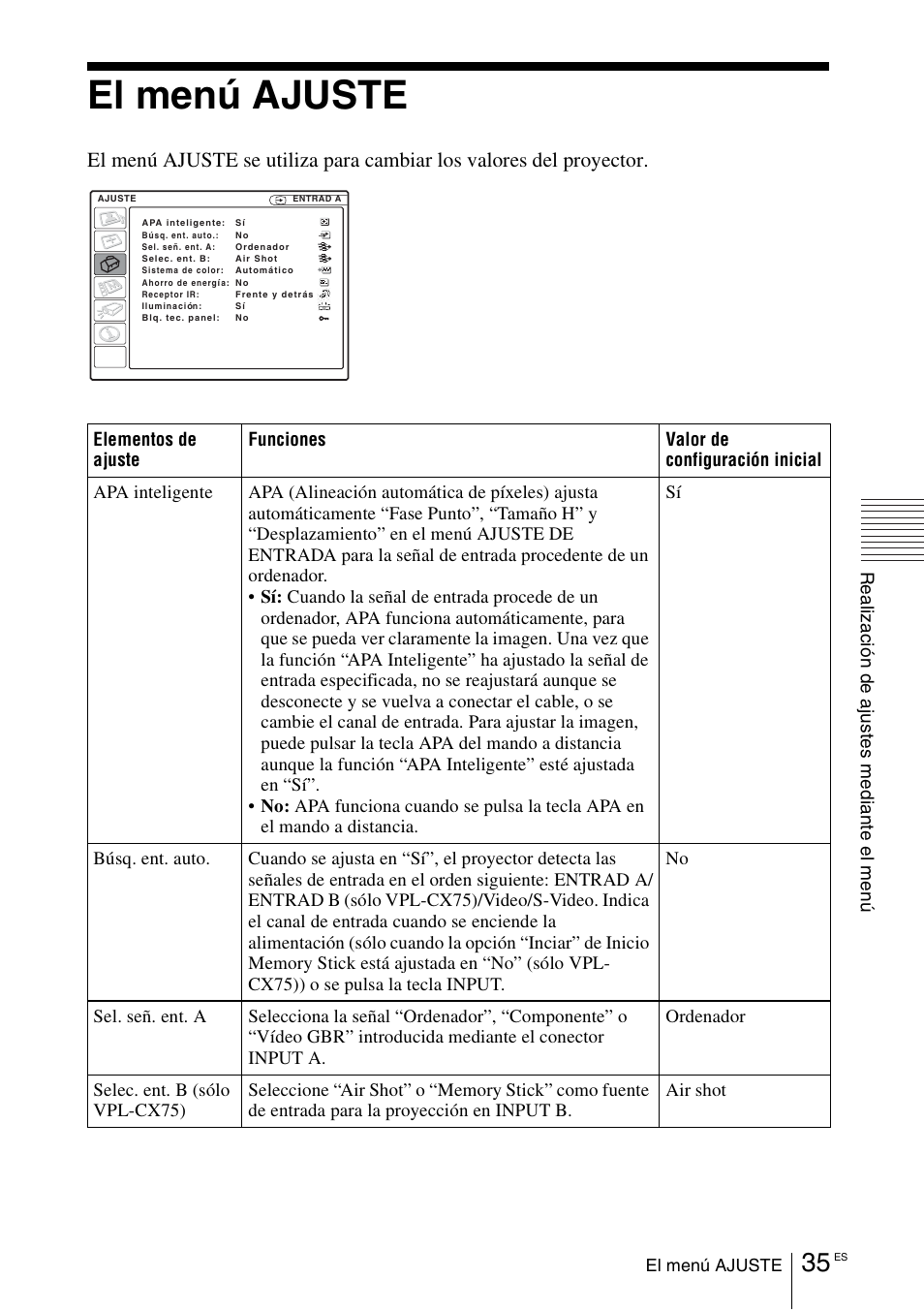 El menú ajuste | Sony VPL-CX70 User Manual | Page 151 / 180