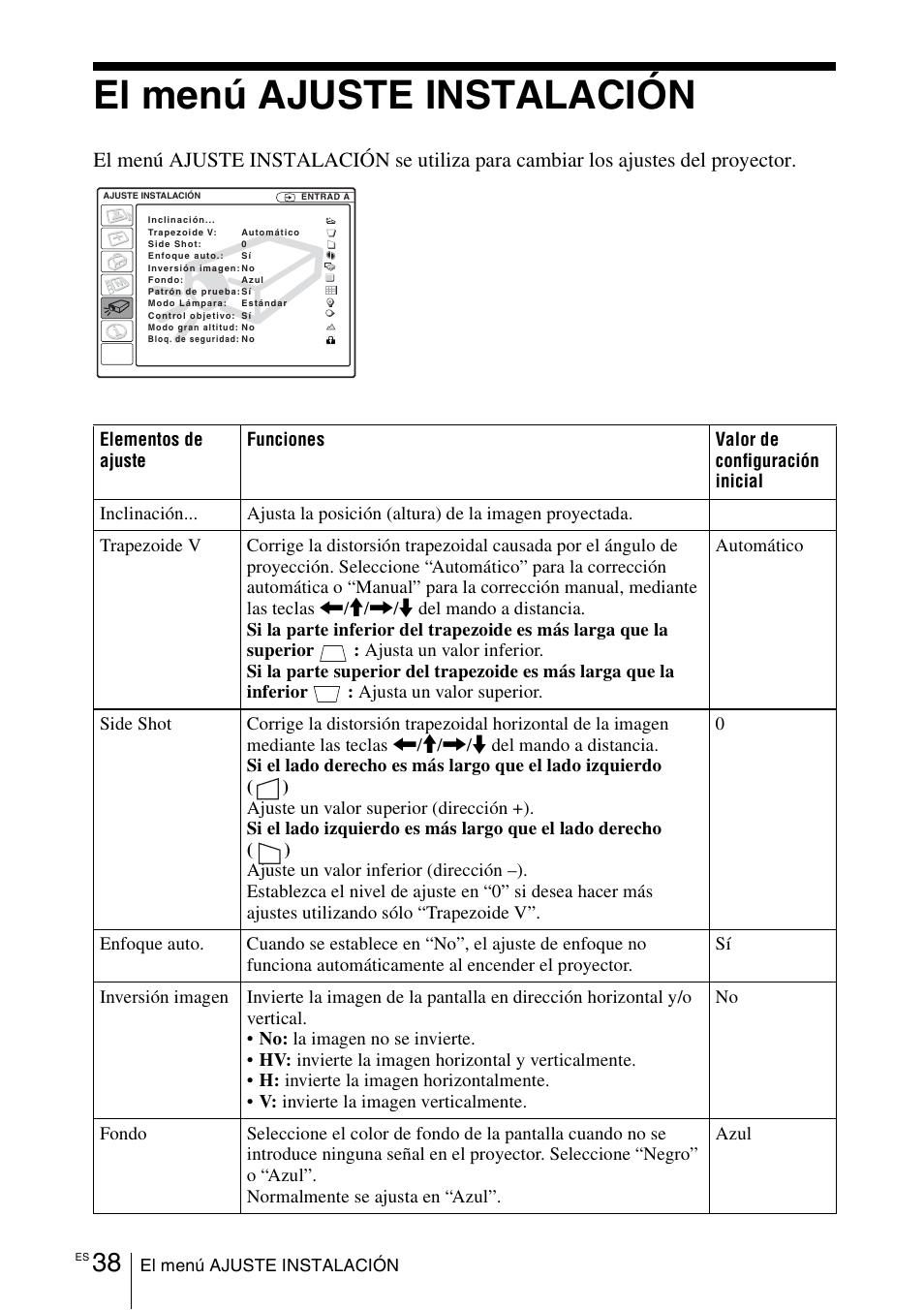 El menú ajuste instalación | Sony VPL-CX70 User Manual | Page 154 / 180