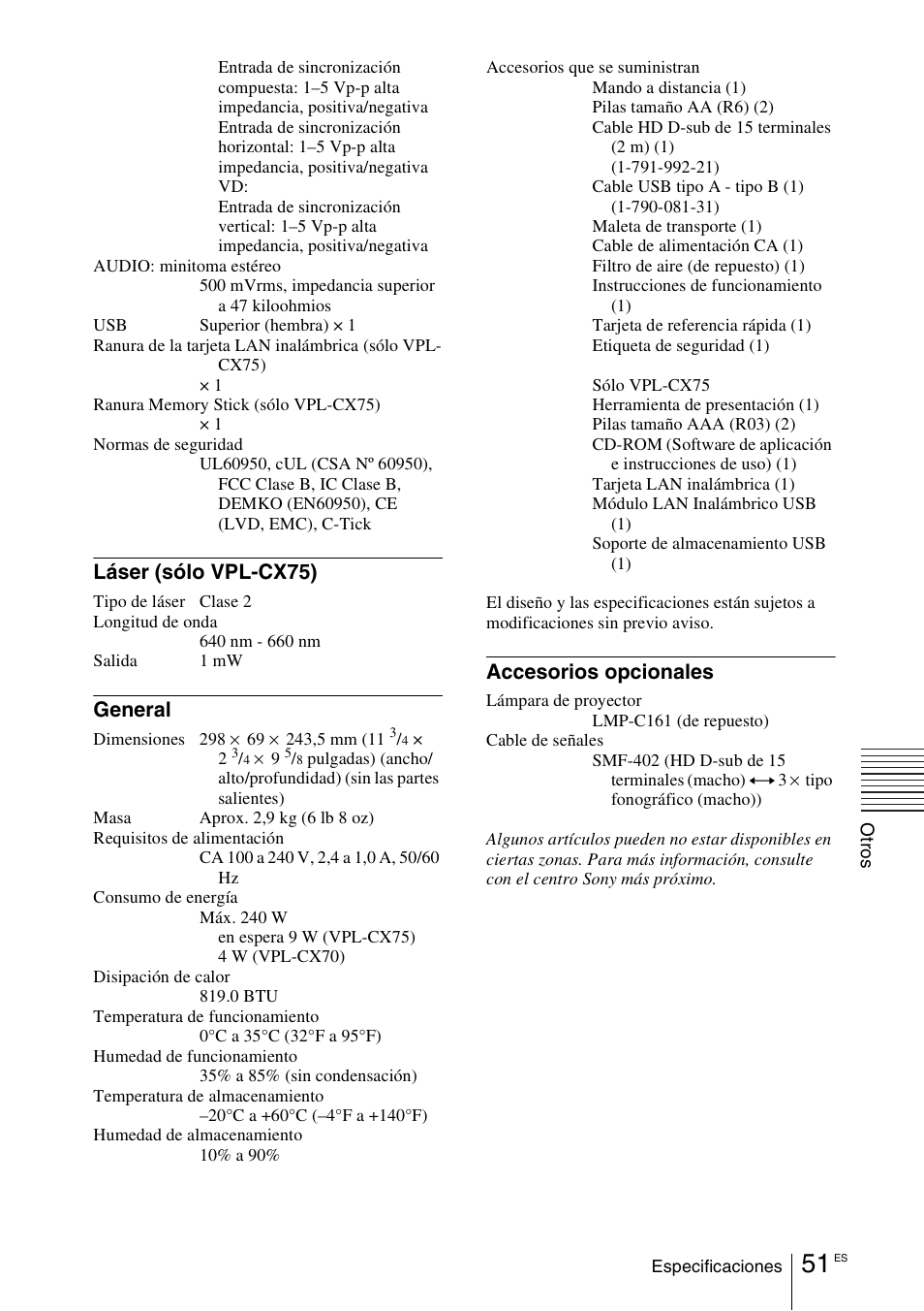 Láser (sólo vpl-cx75), General, Accesorios opcionales | Sony VPL-CX70 User Manual | Page 167 / 180