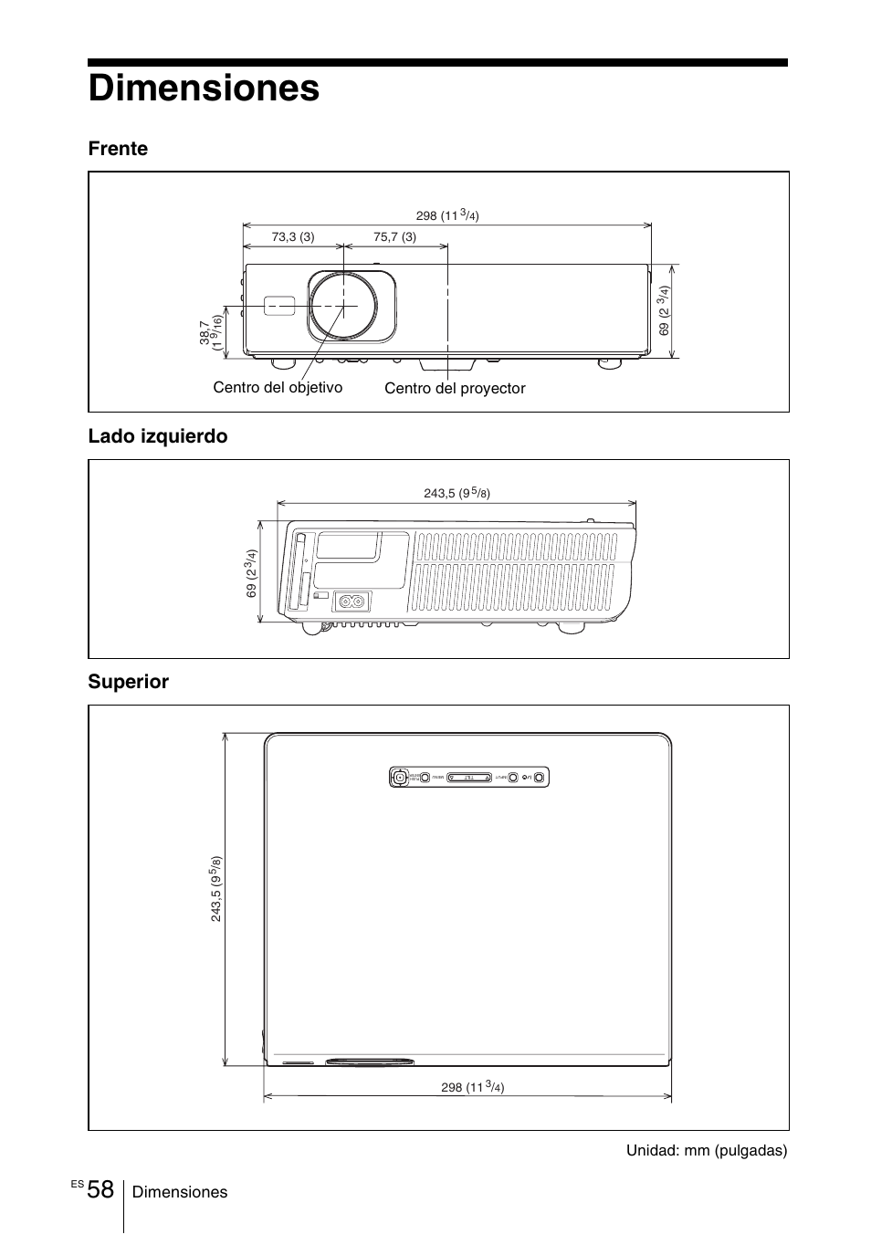 Dimensiones, Frente lado izquierdo superior | Sony VPL-CX70 User Manual | Page 174 / 180