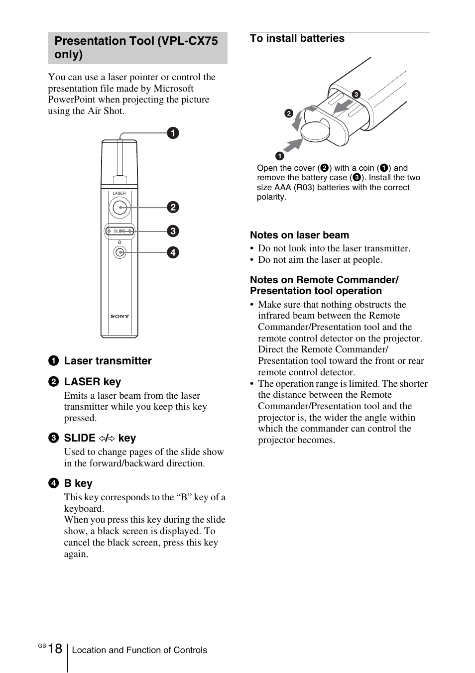 Presentation tool (vpl-cx75 only), Presentation tool (vpl-cx75, Only) | Sony VPL-CX70 User Manual | Page 18 / 180
