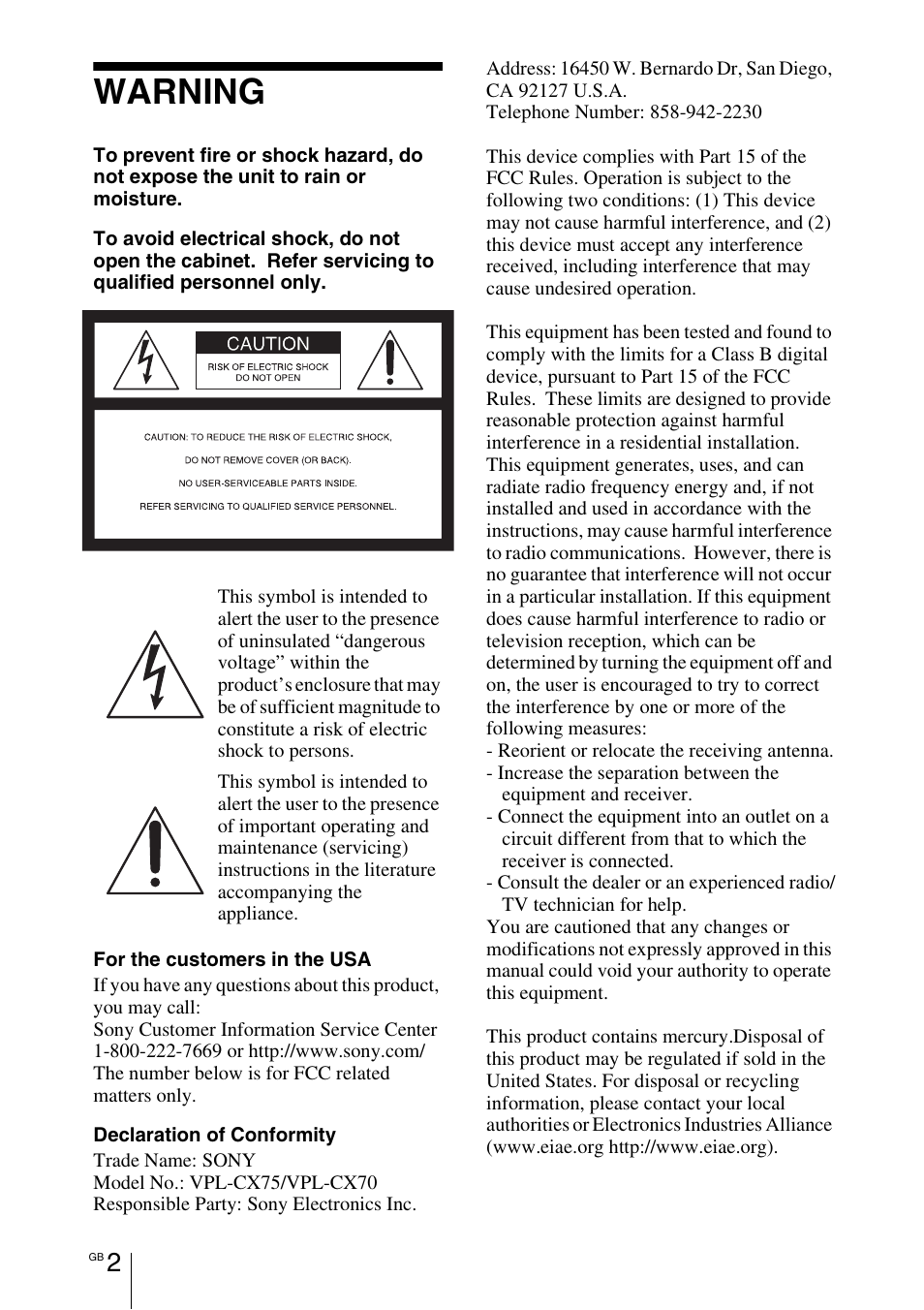 Warning | Sony VPL-CX70 User Manual | Page 2 / 180