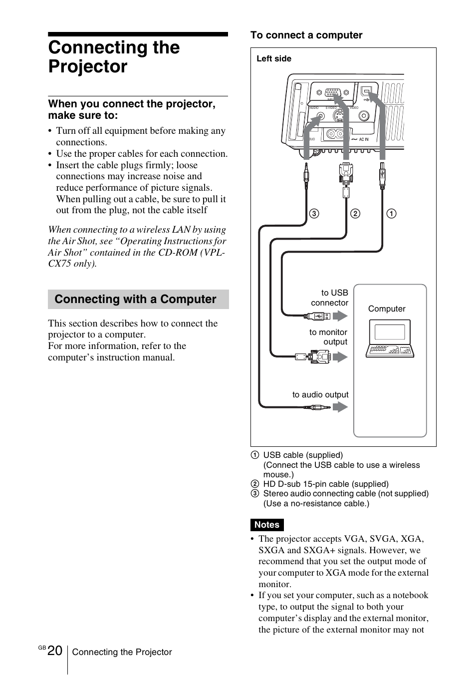 Connecting the projector, Connecting with a computer, When you connect the projector, make sure to | Sony VPL-CX70 User Manual | Page 20 / 180