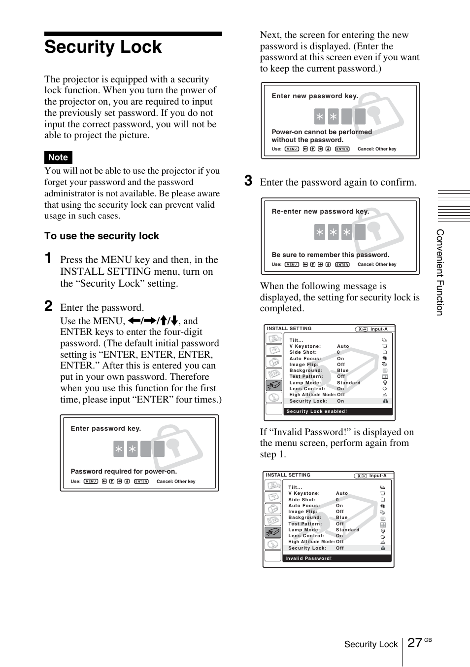 Security lock, Setting, Enter the password | Enter the password again to confirm | Sony VPL-CX70 User Manual | Page 27 / 180