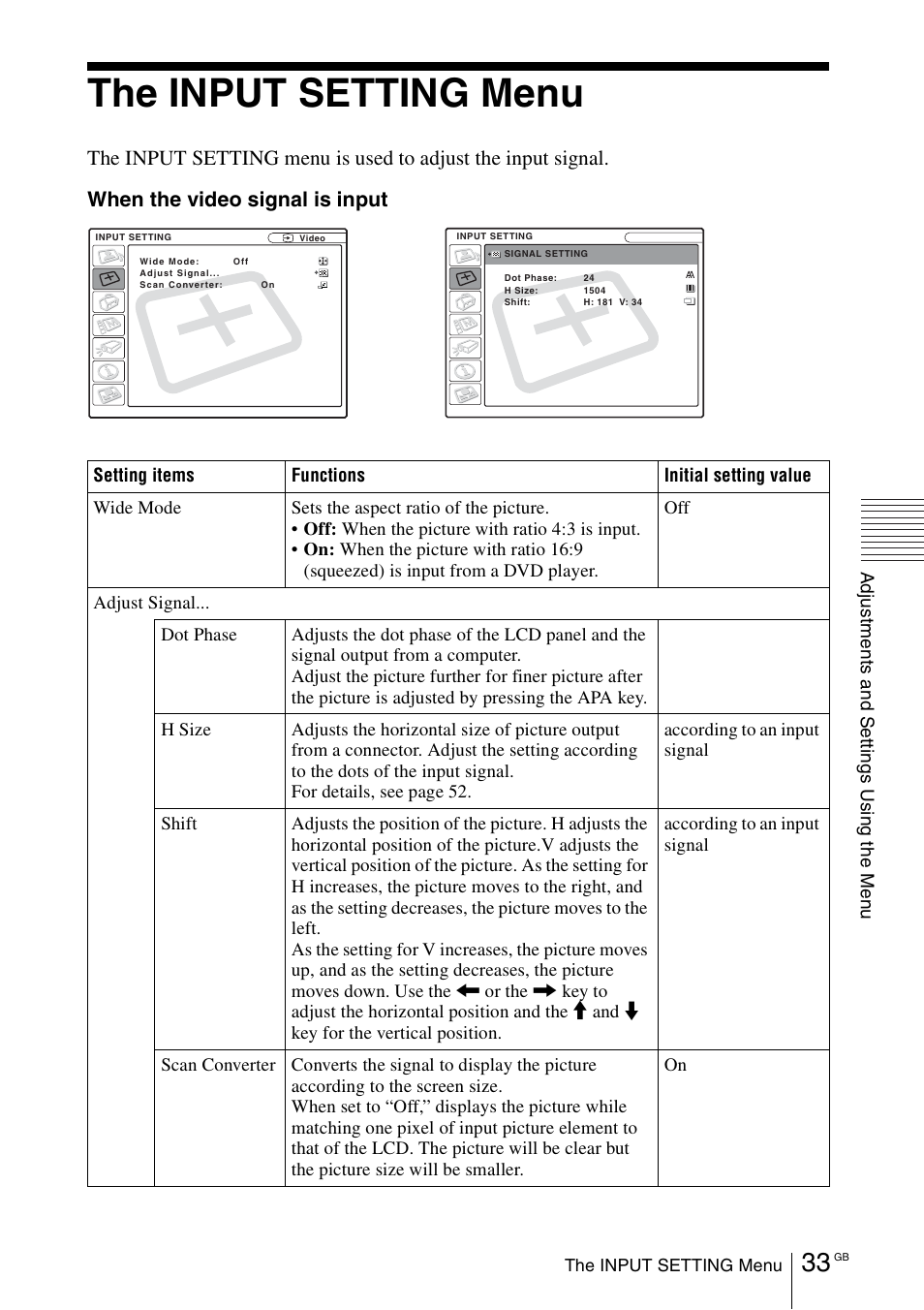 The input setting menu | Sony VPL-CX70 User Manual | Page 33 / 180