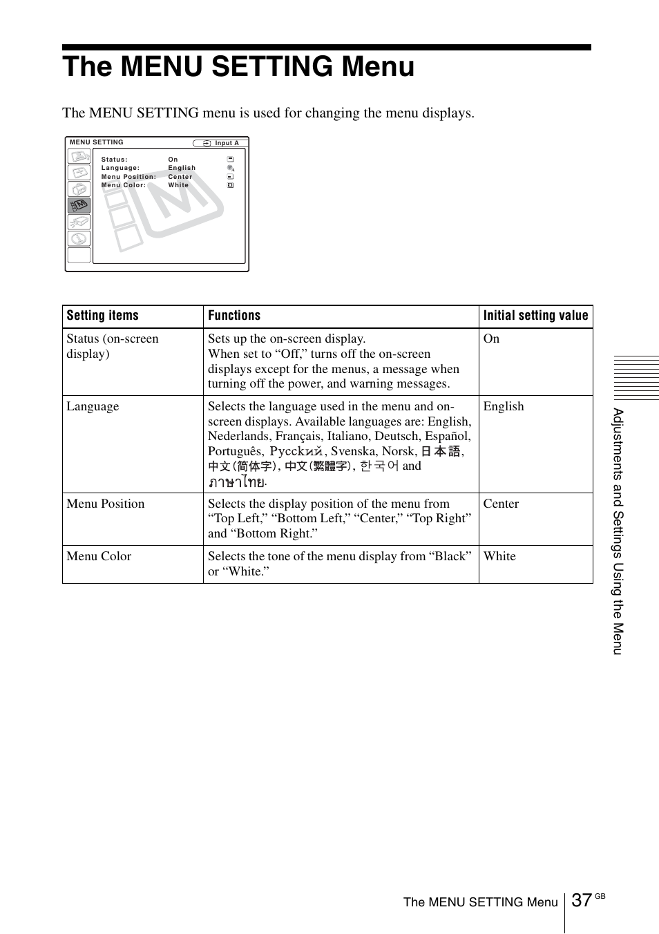 The menu setting menu | Sony VPL-CX70 User Manual | Page 37 / 180