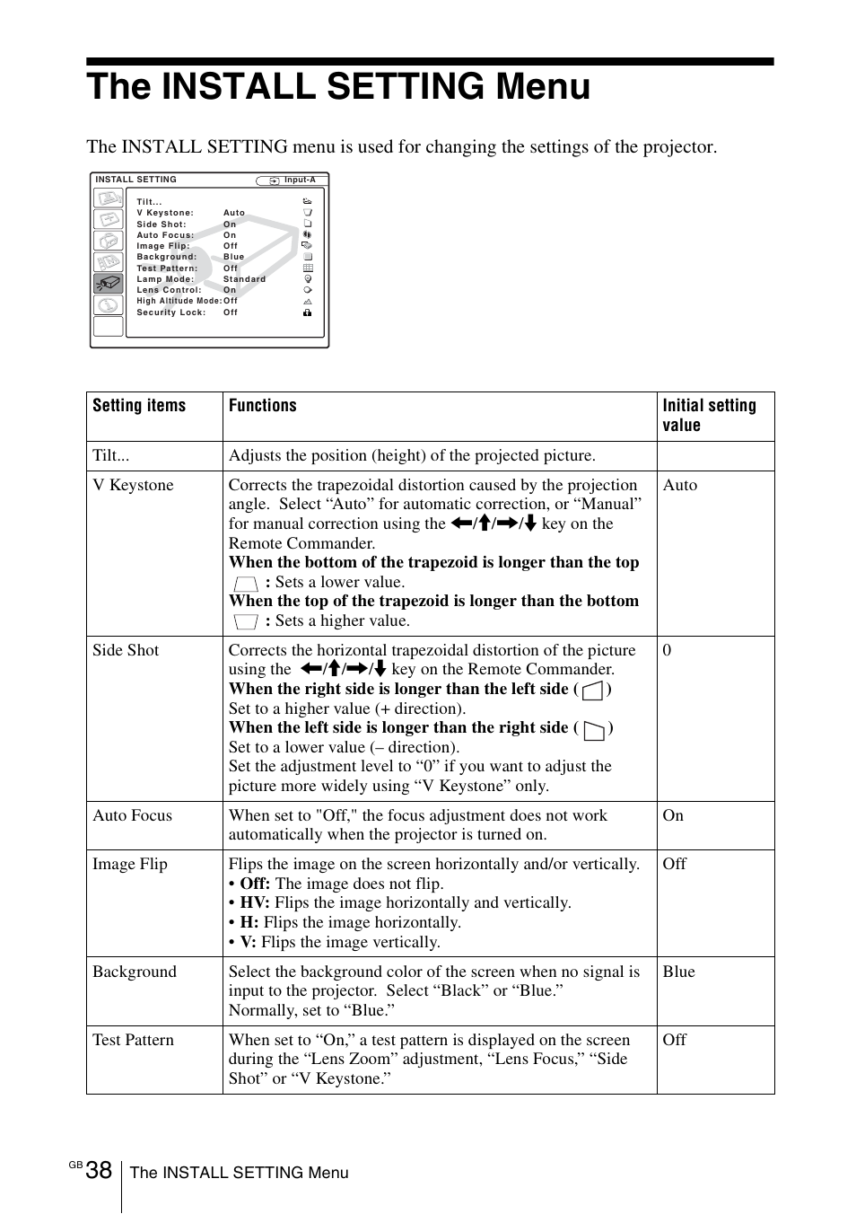 The install setting menu | Sony VPL-CX70 User Manual | Page 38 / 180