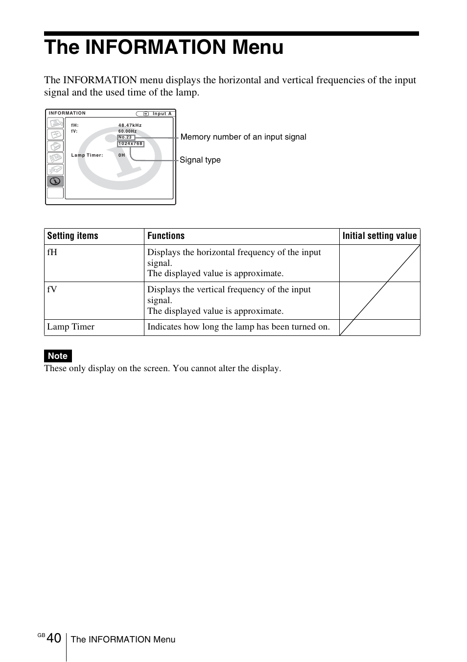 The information menu | Sony VPL-CX70 User Manual | Page 40 / 180
