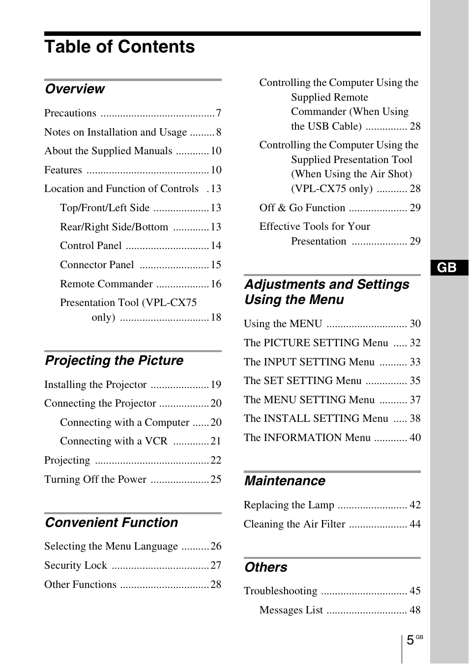 Sony VPL-CX70 User Manual | Page 5 / 180