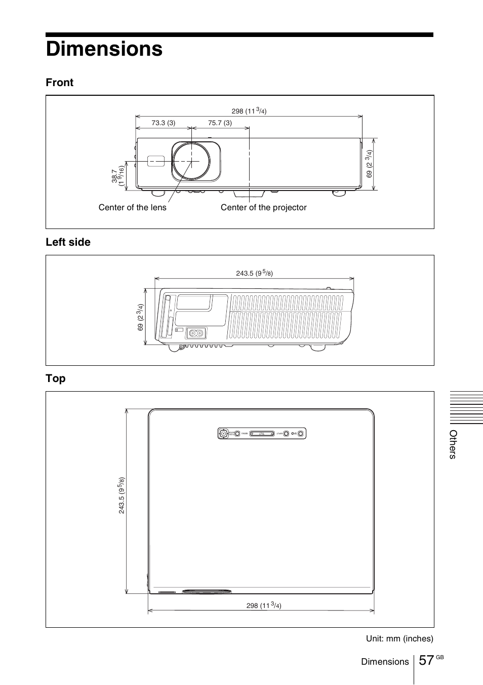 Dimensions, Front left side top, Oth e rs | Sony VPL-CX70 User Manual | Page 57 / 180