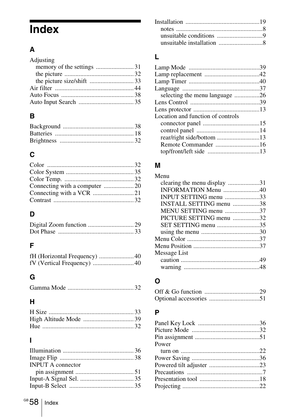 Index | Sony VPL-CX70 User Manual | Page 58 / 180