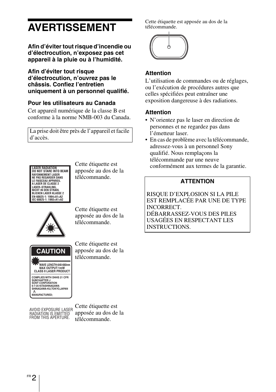 Avertissement, Caution | Sony VPL-CX70 User Manual | Page 60 / 180